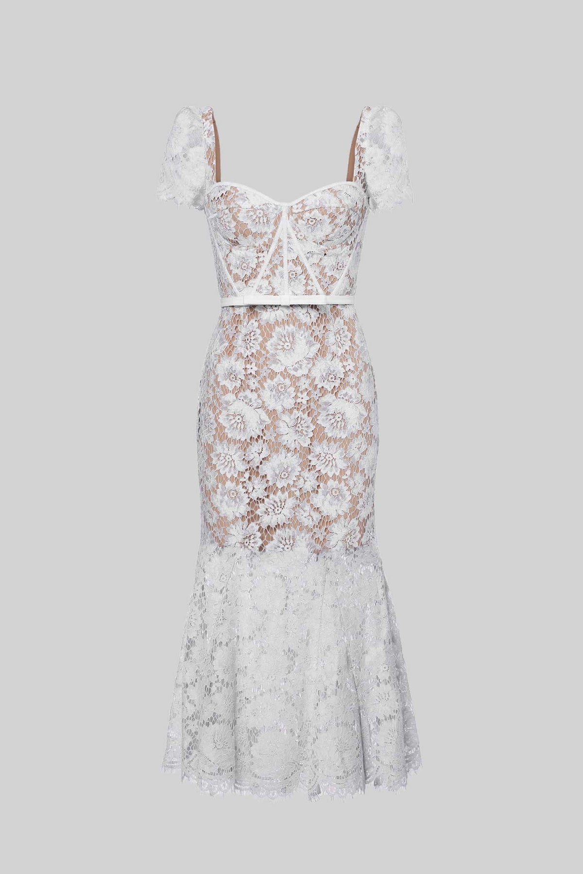 Lace Bustier Sweetheart Neck Puff Sleeve Belted Bow Midi Dress - View 4