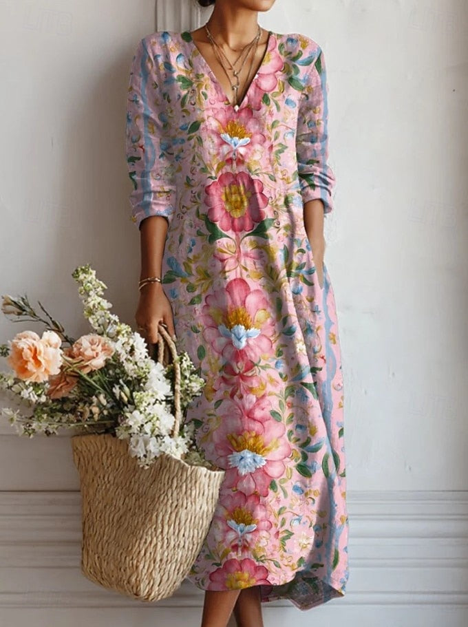 Floral Print V-Neck Long Sleeve Pocket A-Line Maxi Dress 2