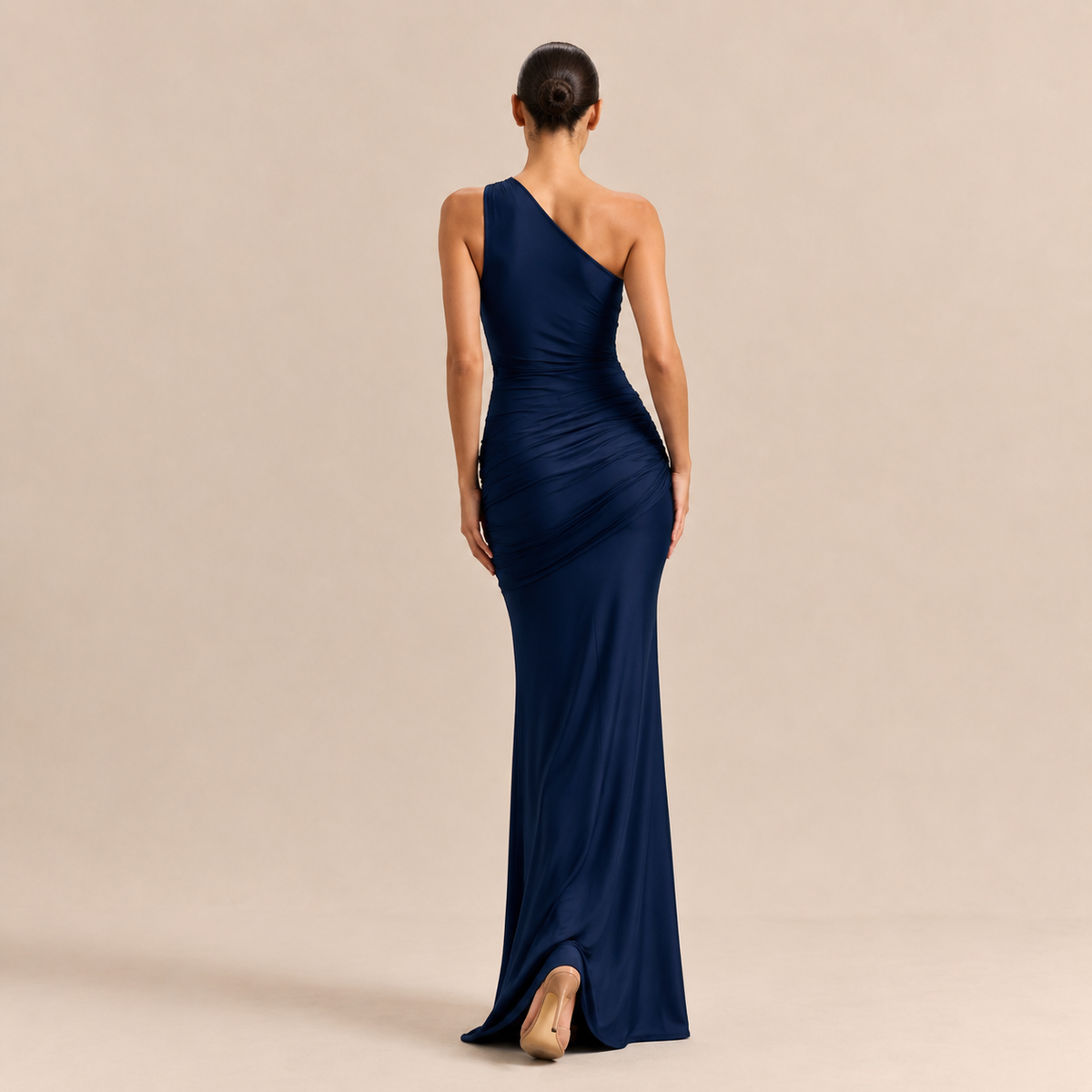One Shoulder Ruched Satin Fishtail Maxi Gown 9
