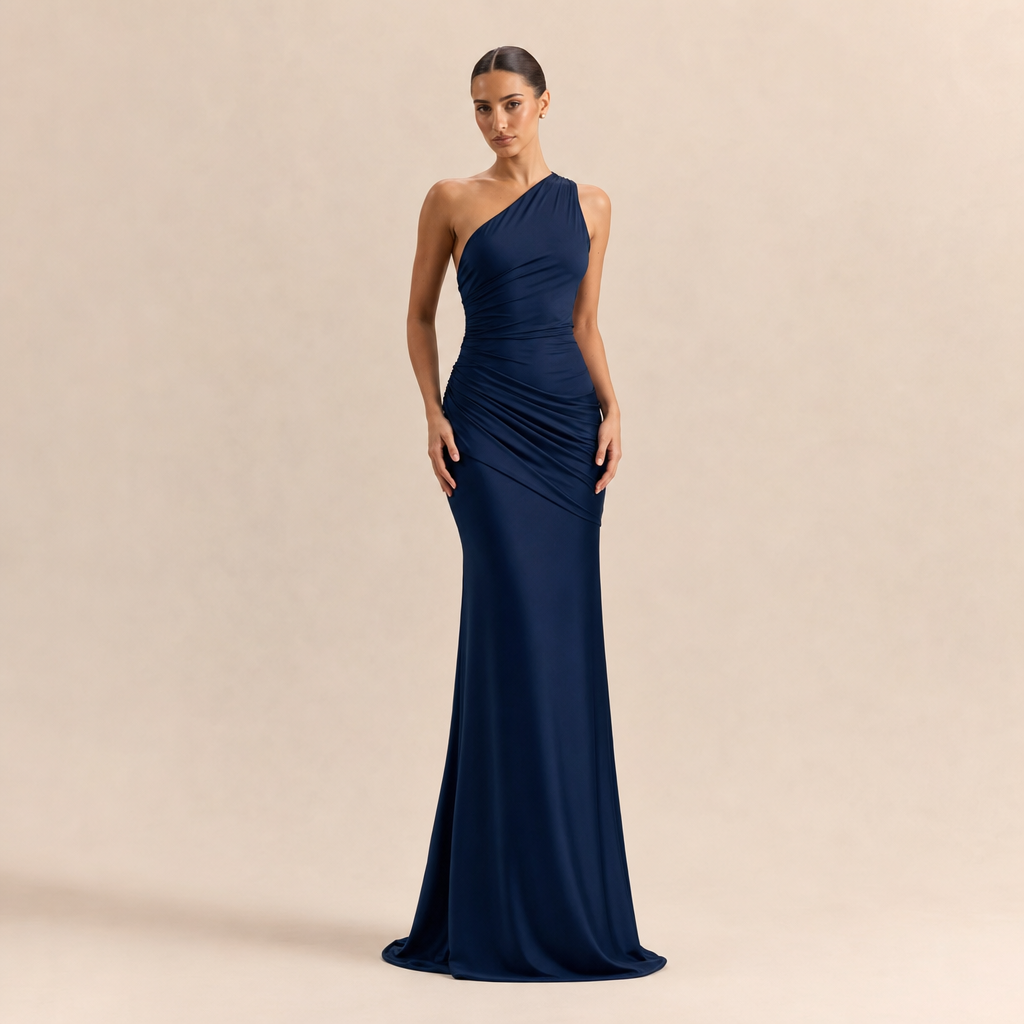 One Shoulder Ruched Satin Fishtail Maxi Gown 7