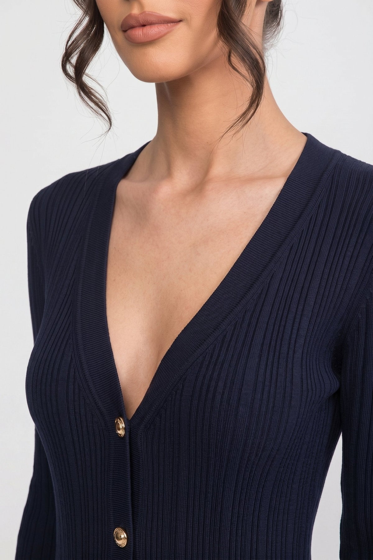 Long-Sleeve Button-Front Pleated Knit Maxi Dress - Navy - View 3