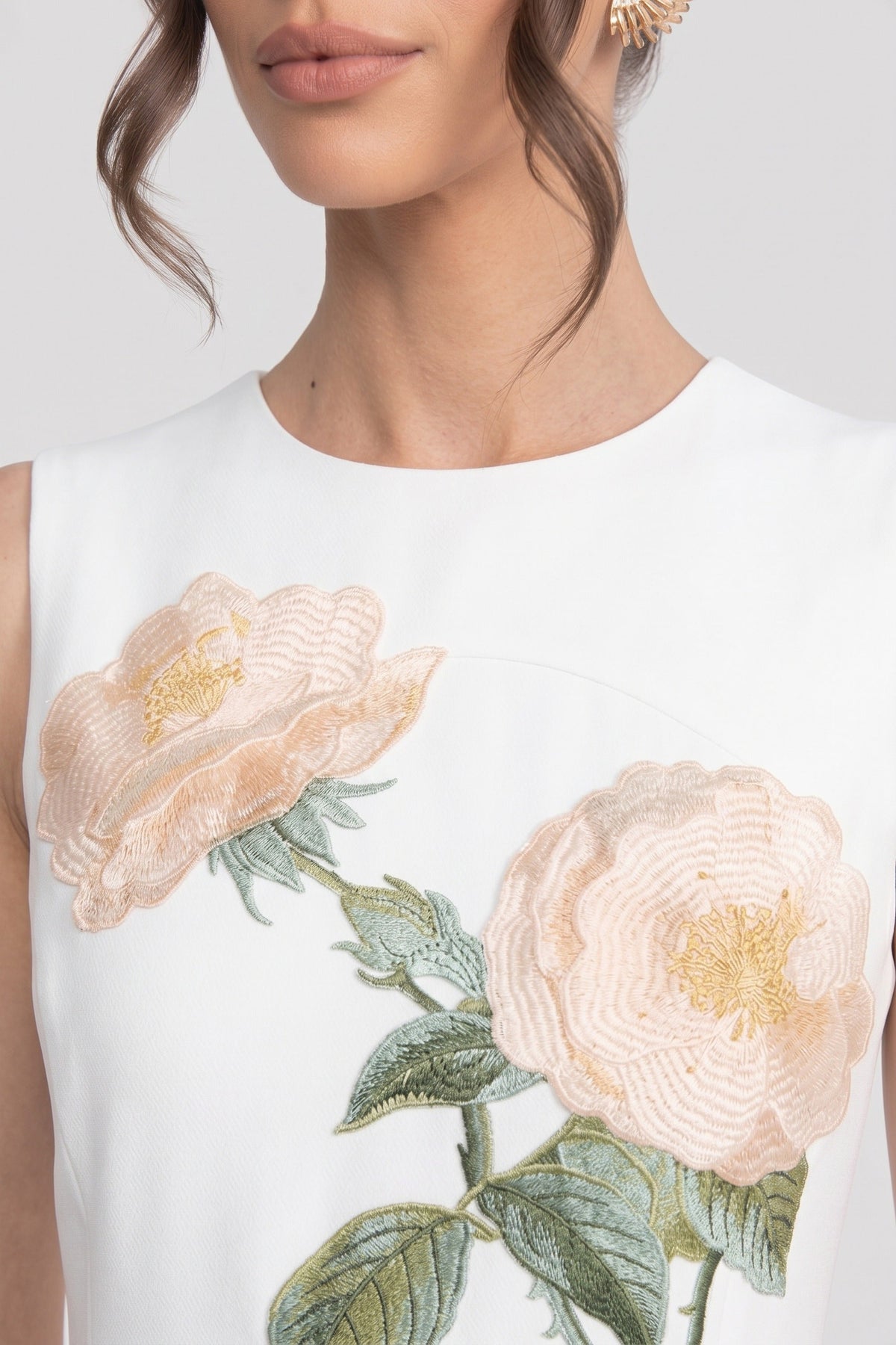Sleeveless Midi Dress With 3D Floral Appliqué And Full Skirt - White - View 7