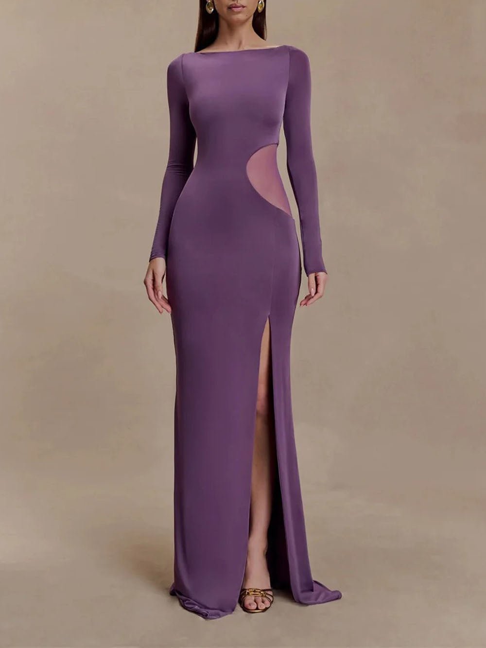 Boat Neck Long Sleeve Mesh Cut Out High Split Bodycon Maxi Dress