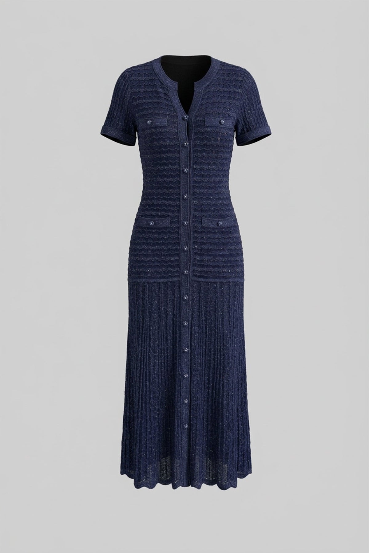 Short Sleeve Midi Dress With Shimmer Knit Texture - Navy - View 10