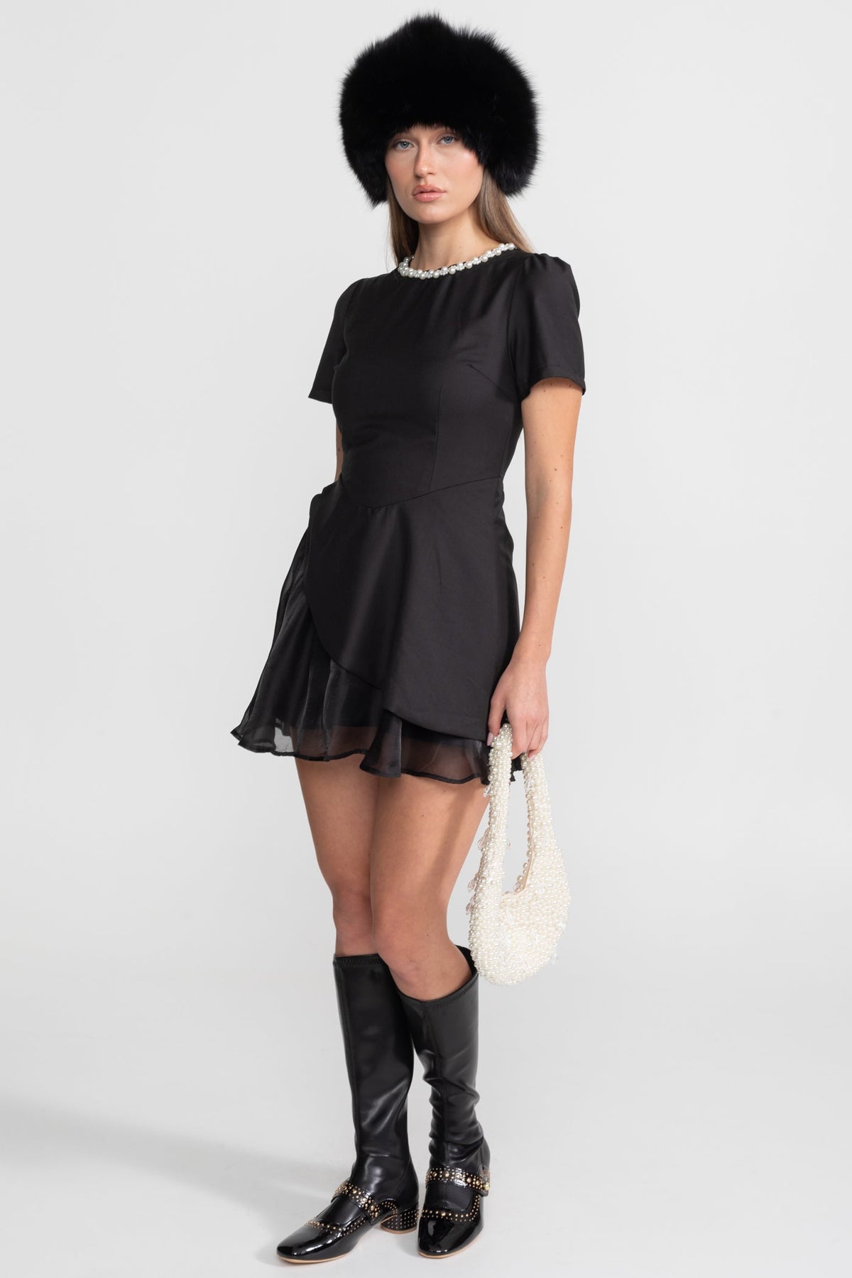 Pearl-Trim Satin Mini Dress - Black - View 2