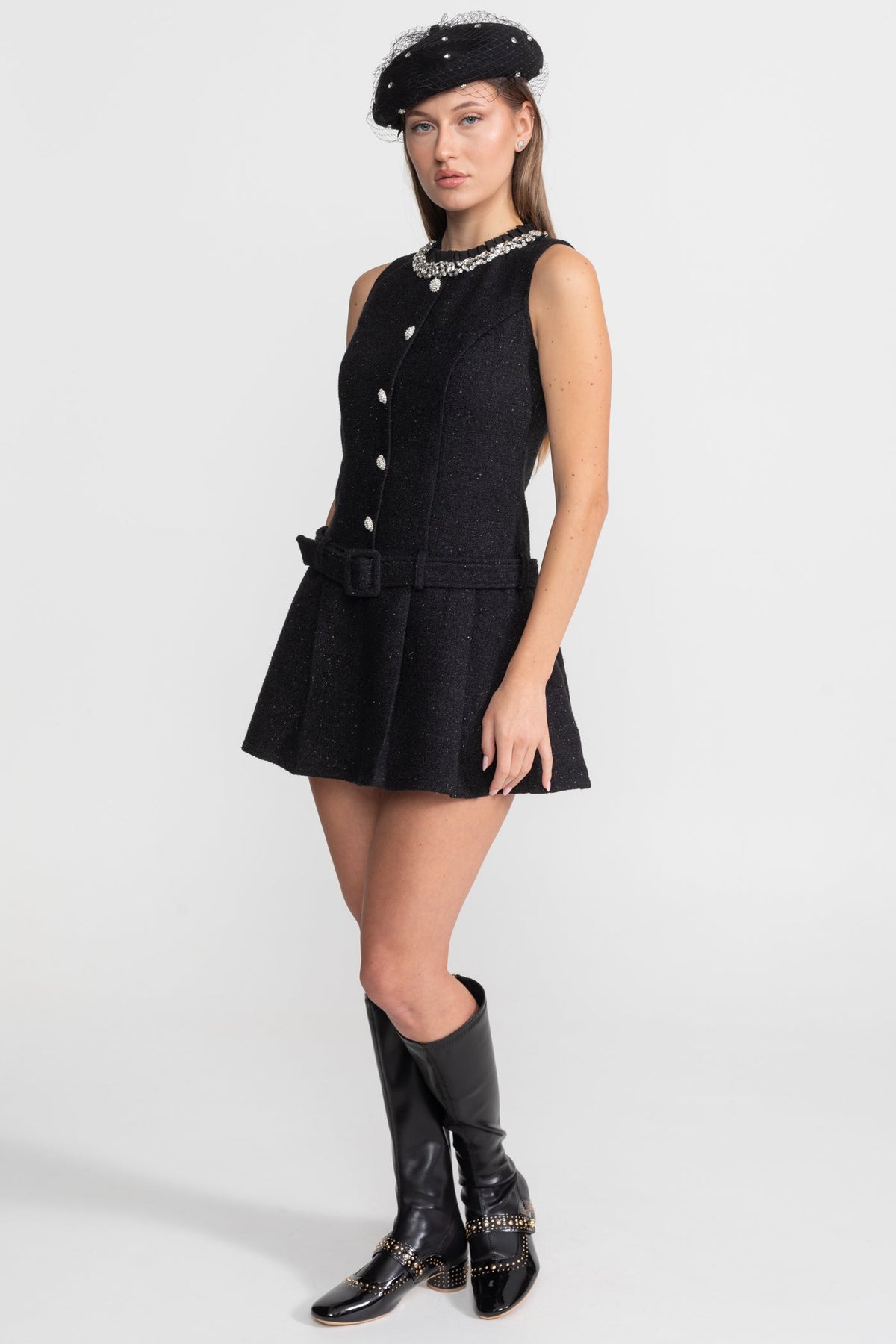 Rhinestone Collar Crystal Button Belted Tweed Sleeveless Mini Dress - View 3