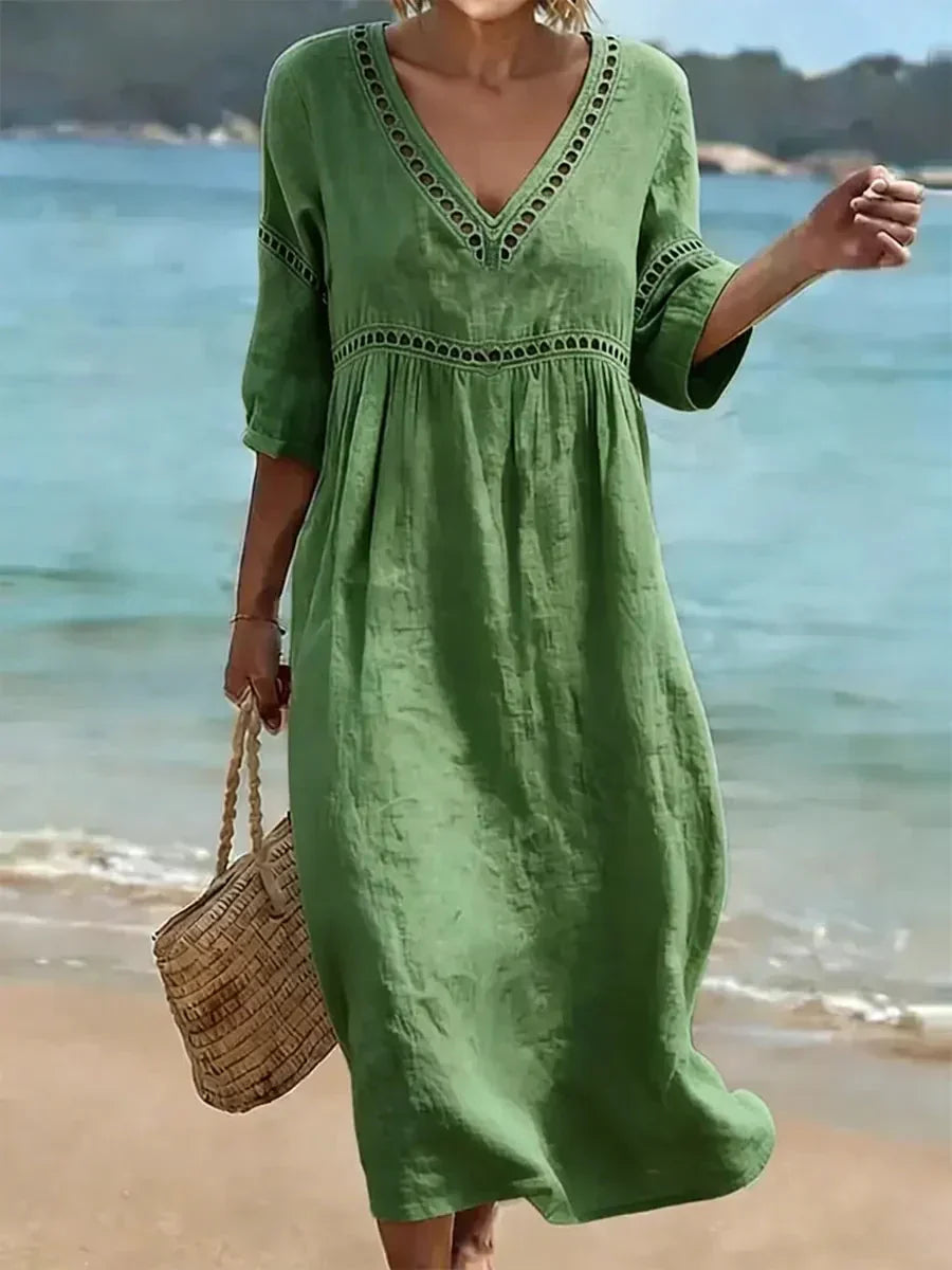 V-Neck Half Sleeve Crochet Trim Loose Maxi Beach Dress 7