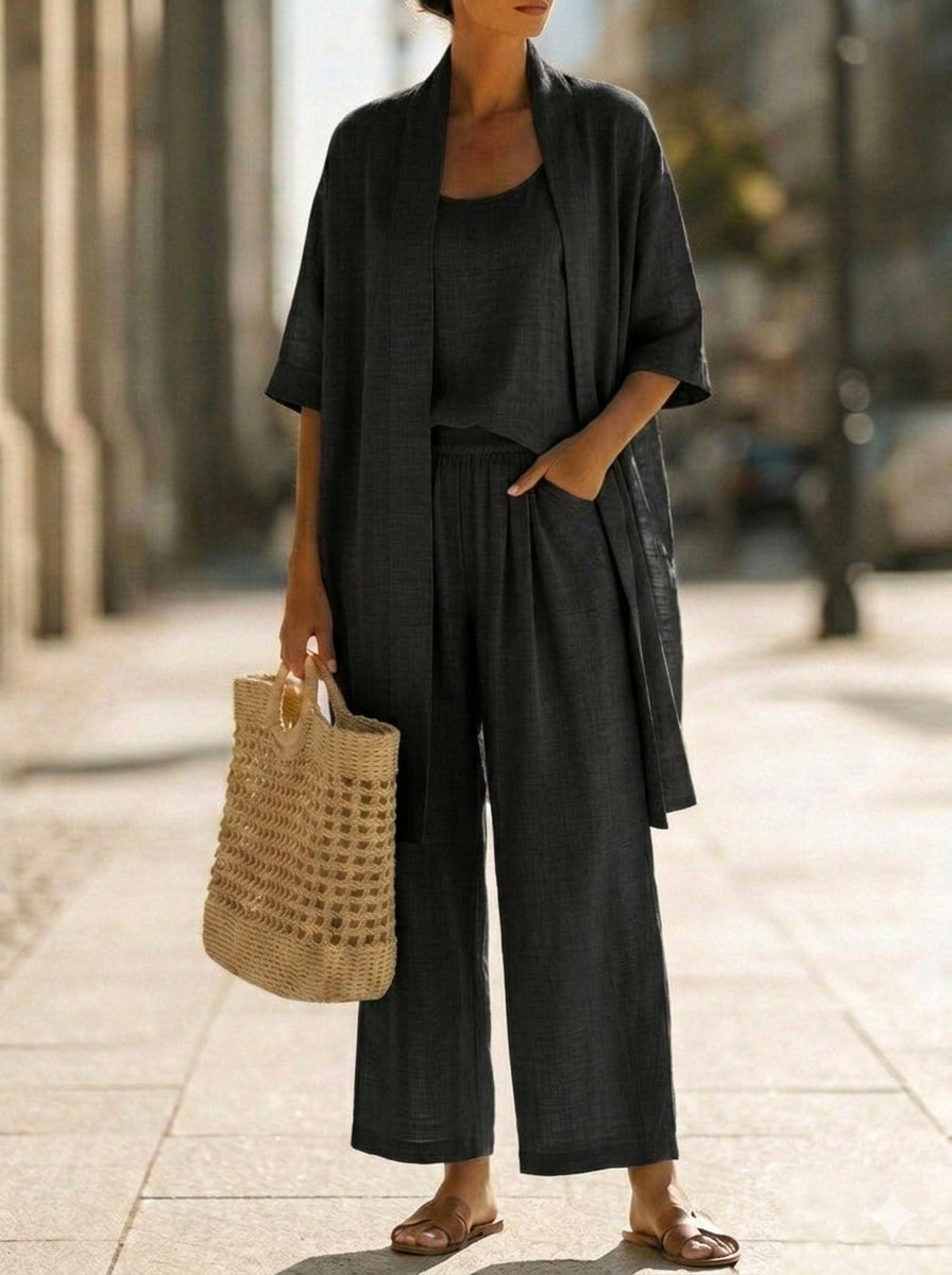 Sleeveless Tank Open Front Kimono and Wide Leg Pants Three Piece Set 6