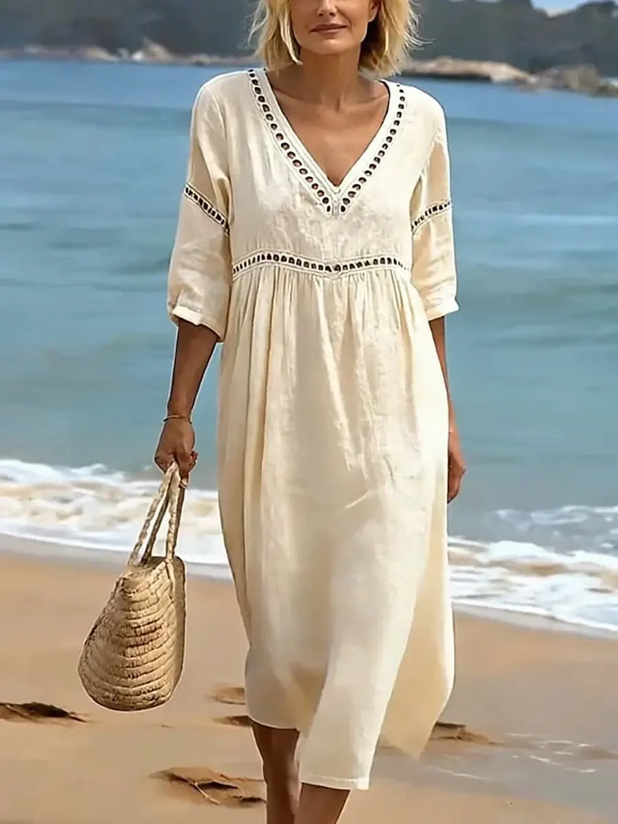 Lace Trim V-Neck Midi Dress Summer 2