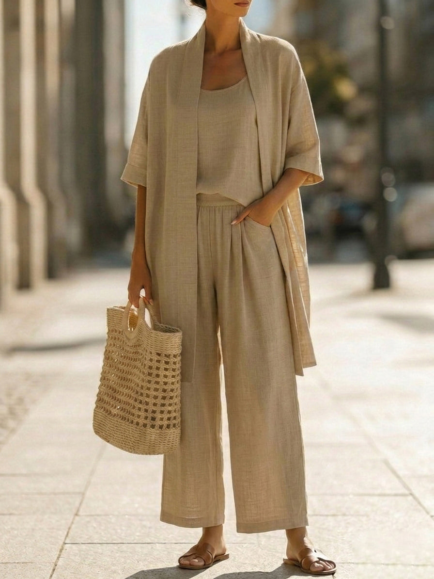 Sleeveless Tank Open Front Kimono and Wide Leg Pants Three Piece Set 10