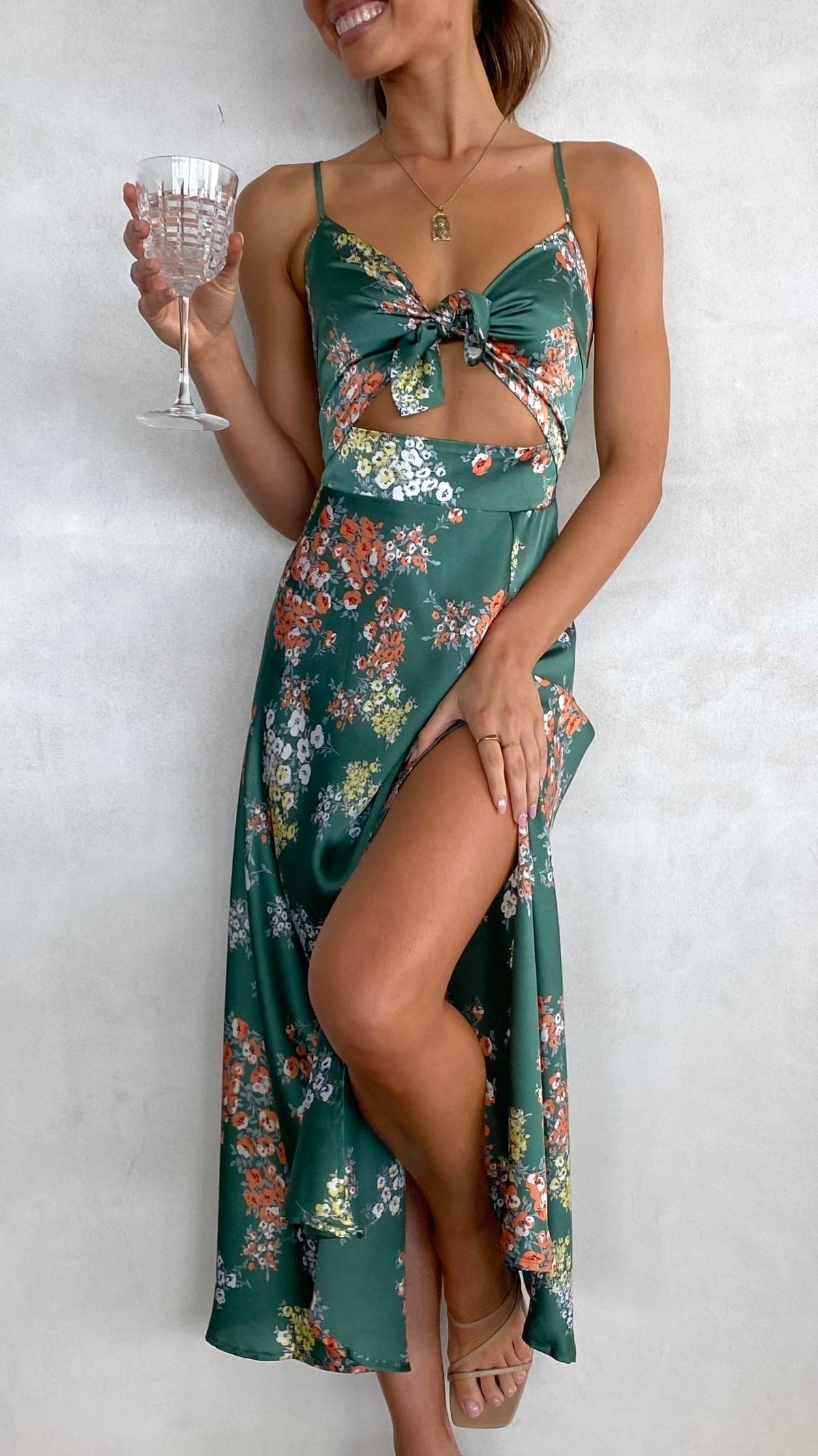 Floral Deep V-Neck Spaghetti Strap Tie Front High Split Midi Dress - View 11