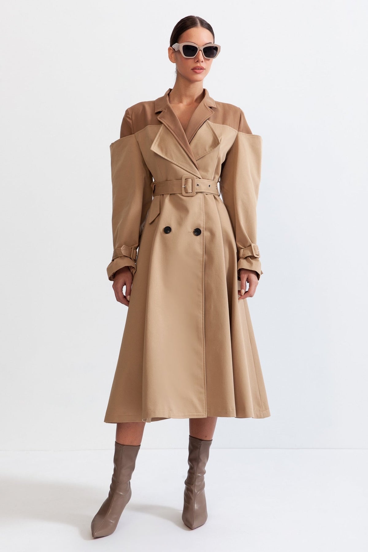 Cold Shoulder Cut Out Belted Double Breasted Buckle Midi Dress
