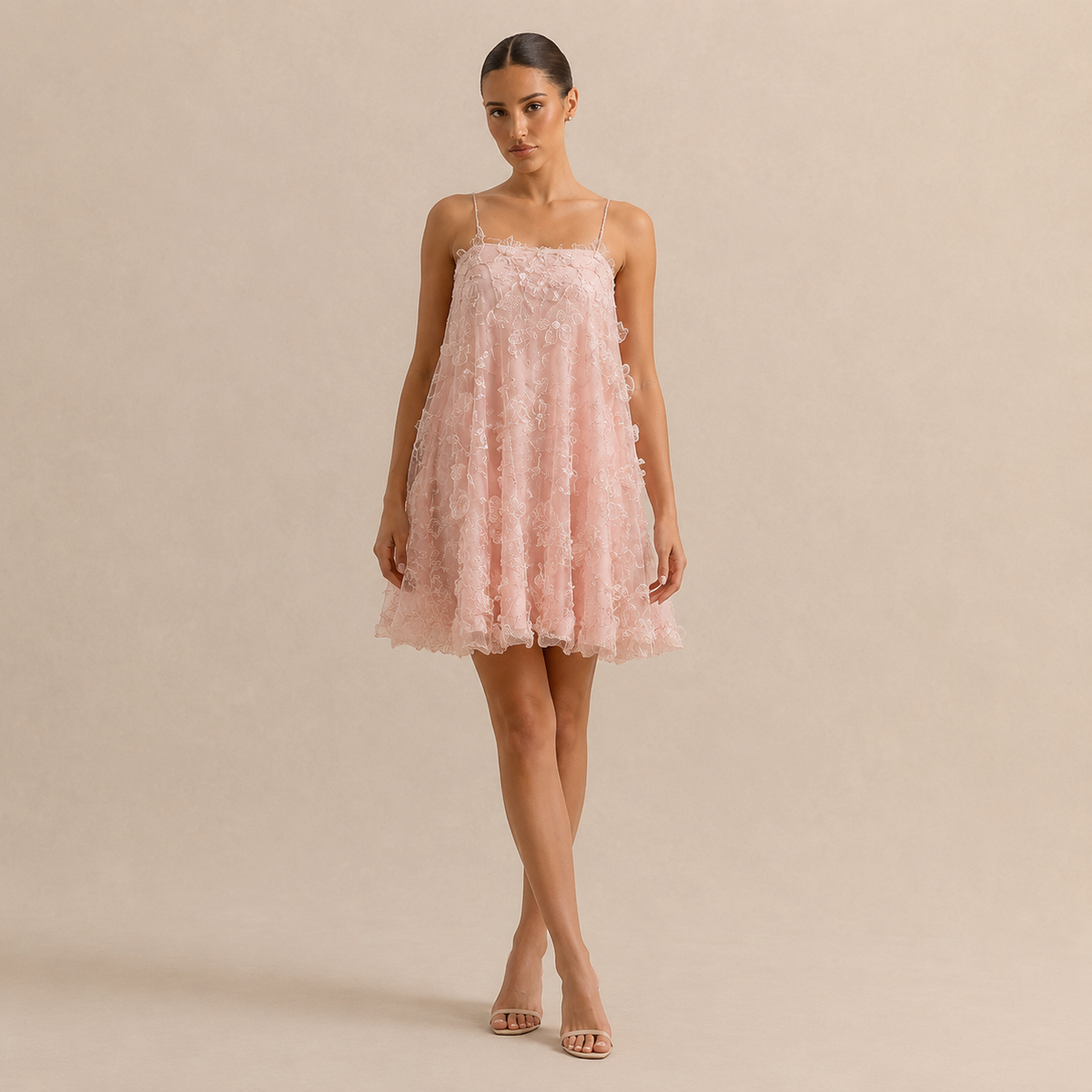 Floral Applique Spaghetti Strap Tulle Babydoll Mini Dress