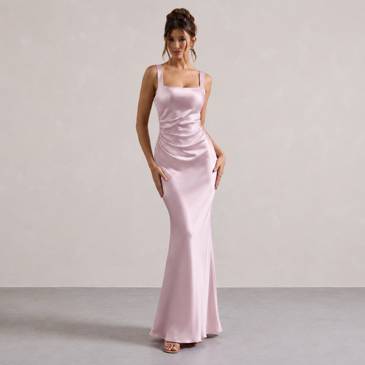 Square Neck Ruched Satin Fishtail Maxi Dress 16