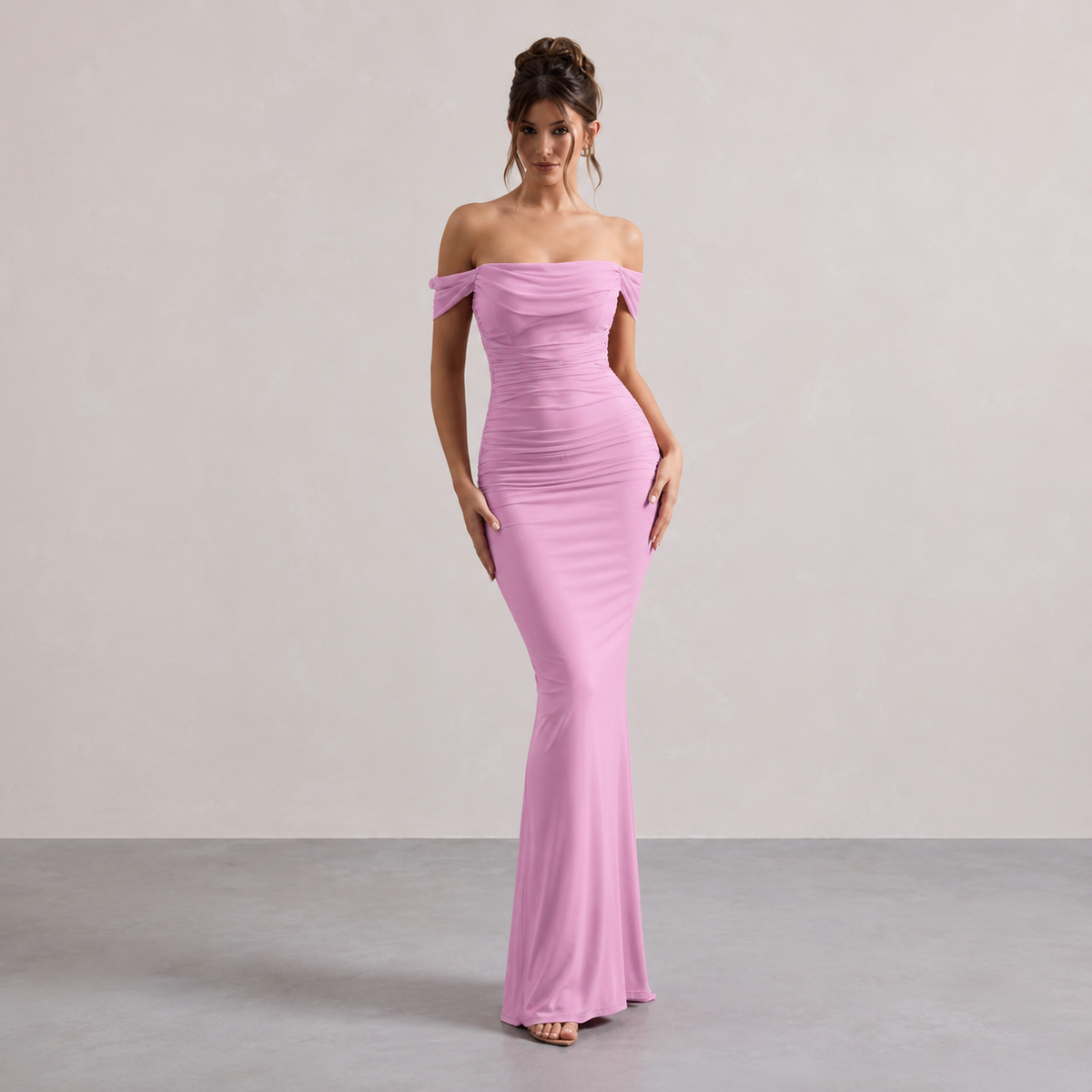 Off Shoulder Ruched Fishtail Maxi Gown 13