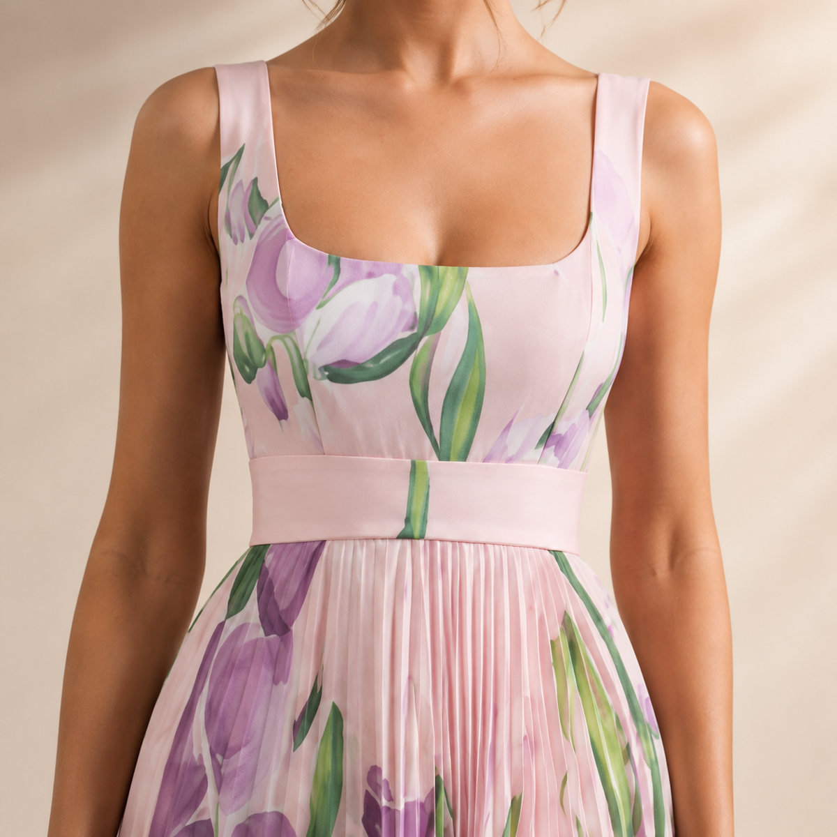 Square Neck Belted Floral Pleated Maxi Dress 14