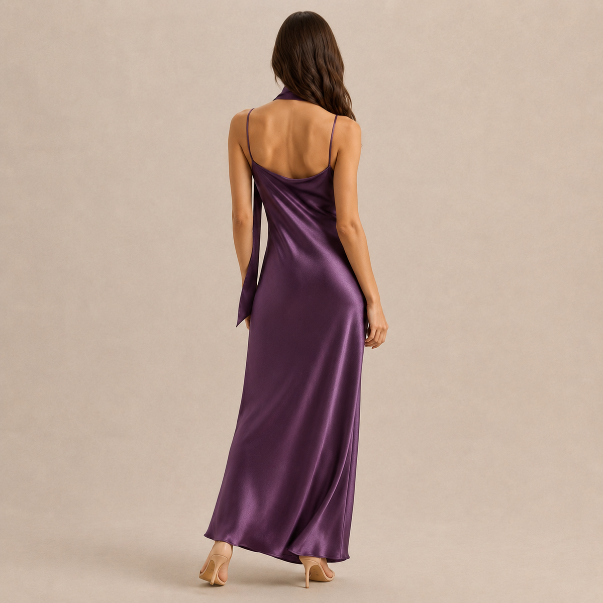 Scarf Neck V-Neck Satin Bias Slip Maxi Dress 19