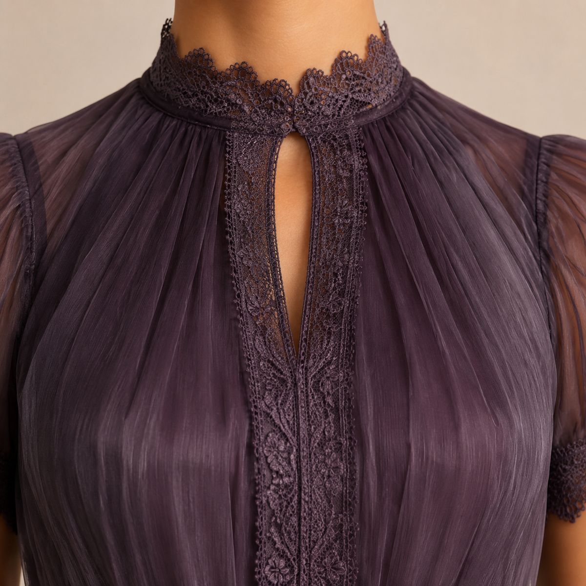 High Neck Keyhole Lace Trim Belted Chiffon Maxi Gown 2
