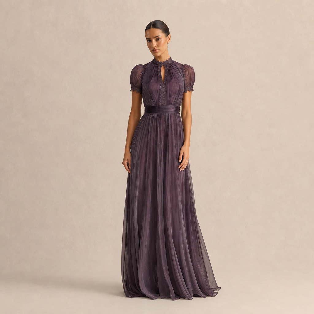 High Neck Keyhole Lace Trim Belted Chiffon Maxi Gown
