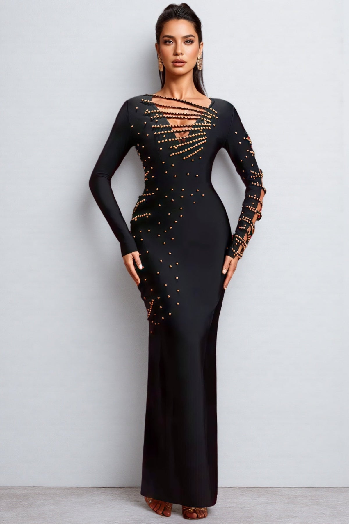 Rhinestone Stud Deep V Neck Ladder Strap Cut Out Maxi Gown