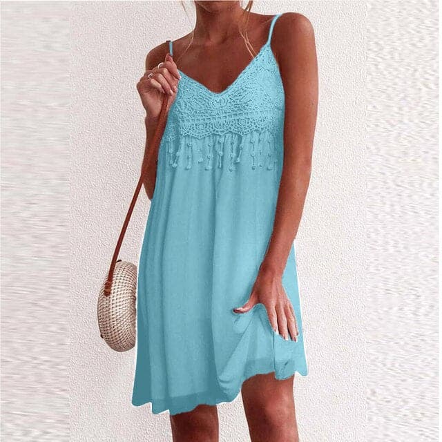 VNeck Strap Open White Lace Sleeveless Loose Elegant Mini Dress - View 3