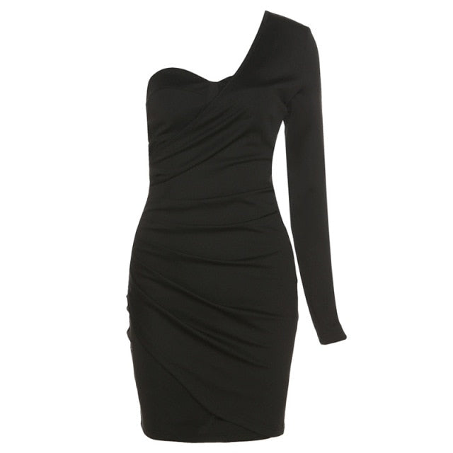 One Shoulder Long Sleeve Ruched Bodycon Mini Dress 12