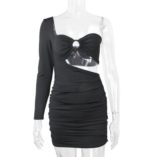 One Shoulder Long Sleeve Ruched Bodycon Mini Dress 11