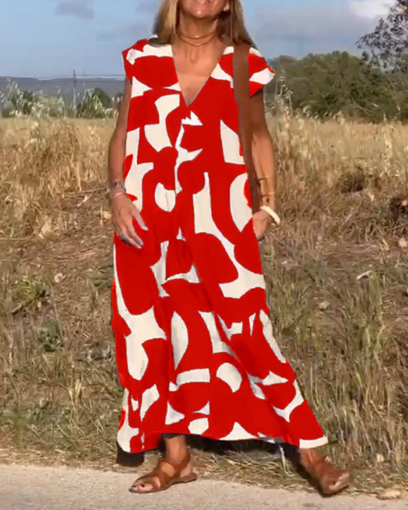 V-Neck Abstract Geometric Print Short Sleeve Kaftan Maxi Dress - View 13