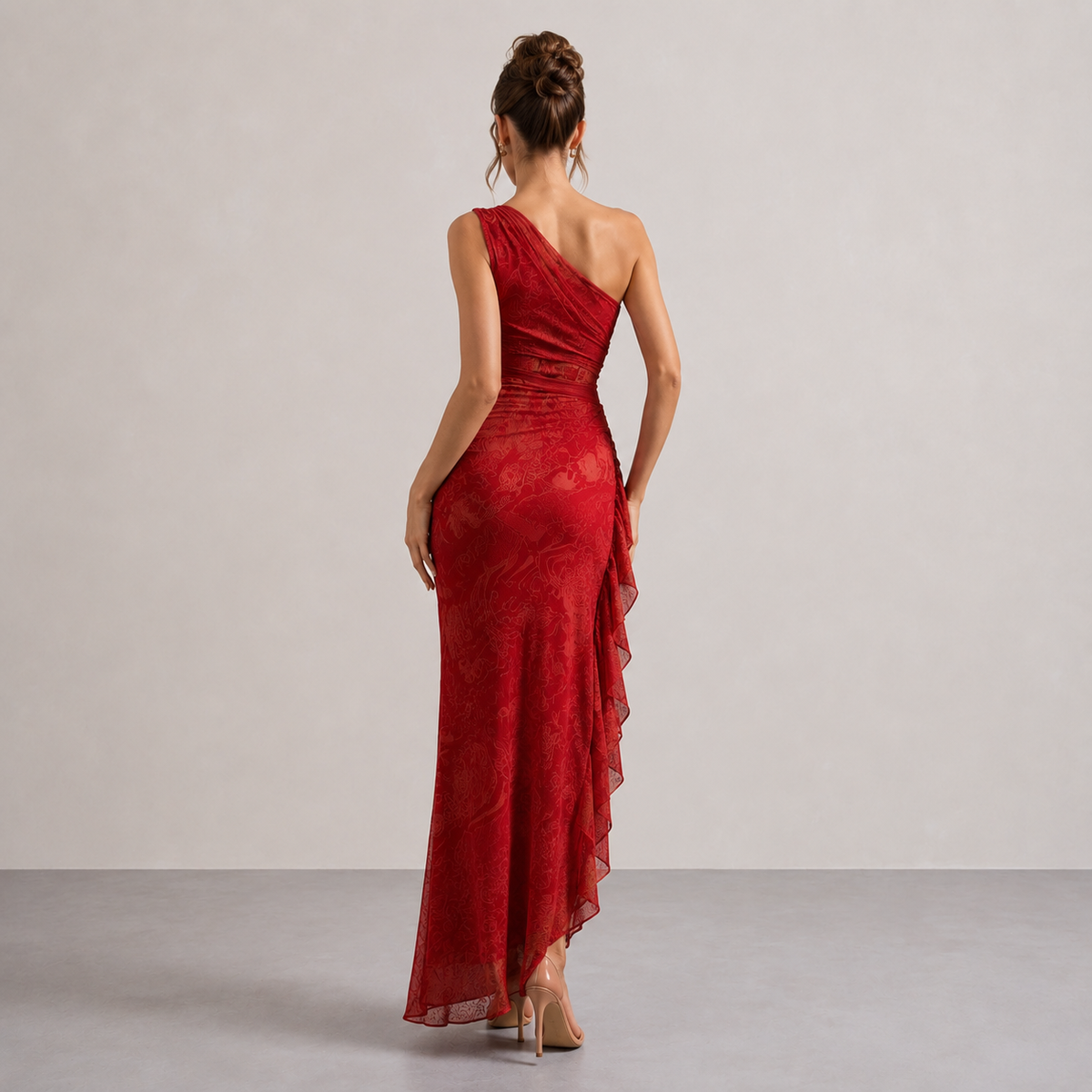 One Shoulder Floral Burnout Ruffle High Split Maxi Dress 6