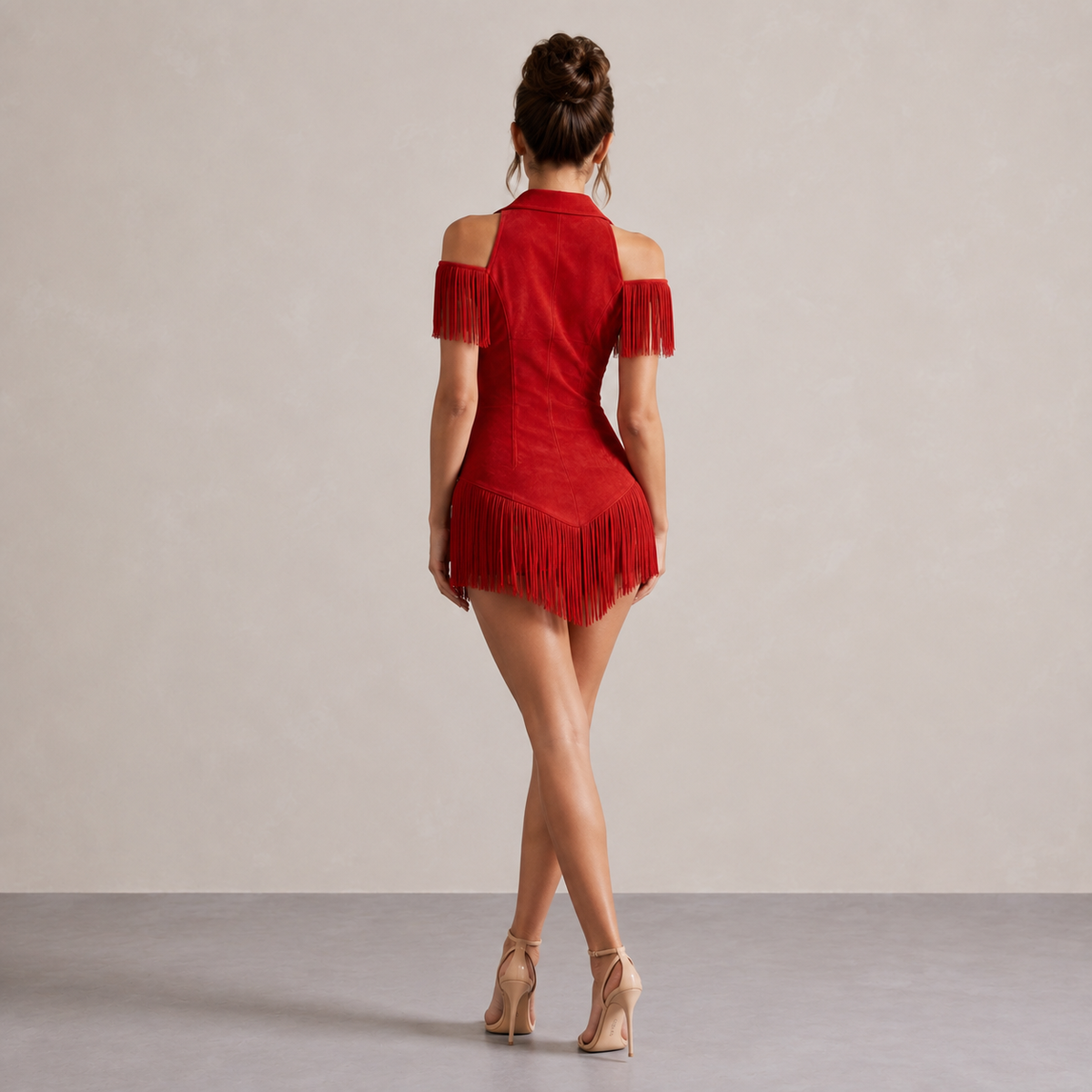 Suede Cold Shoulder Zip Front Fringe Mini Dress 7