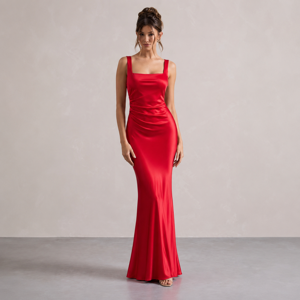Square Neck Ruched Satin Fishtail Maxi Dress 10