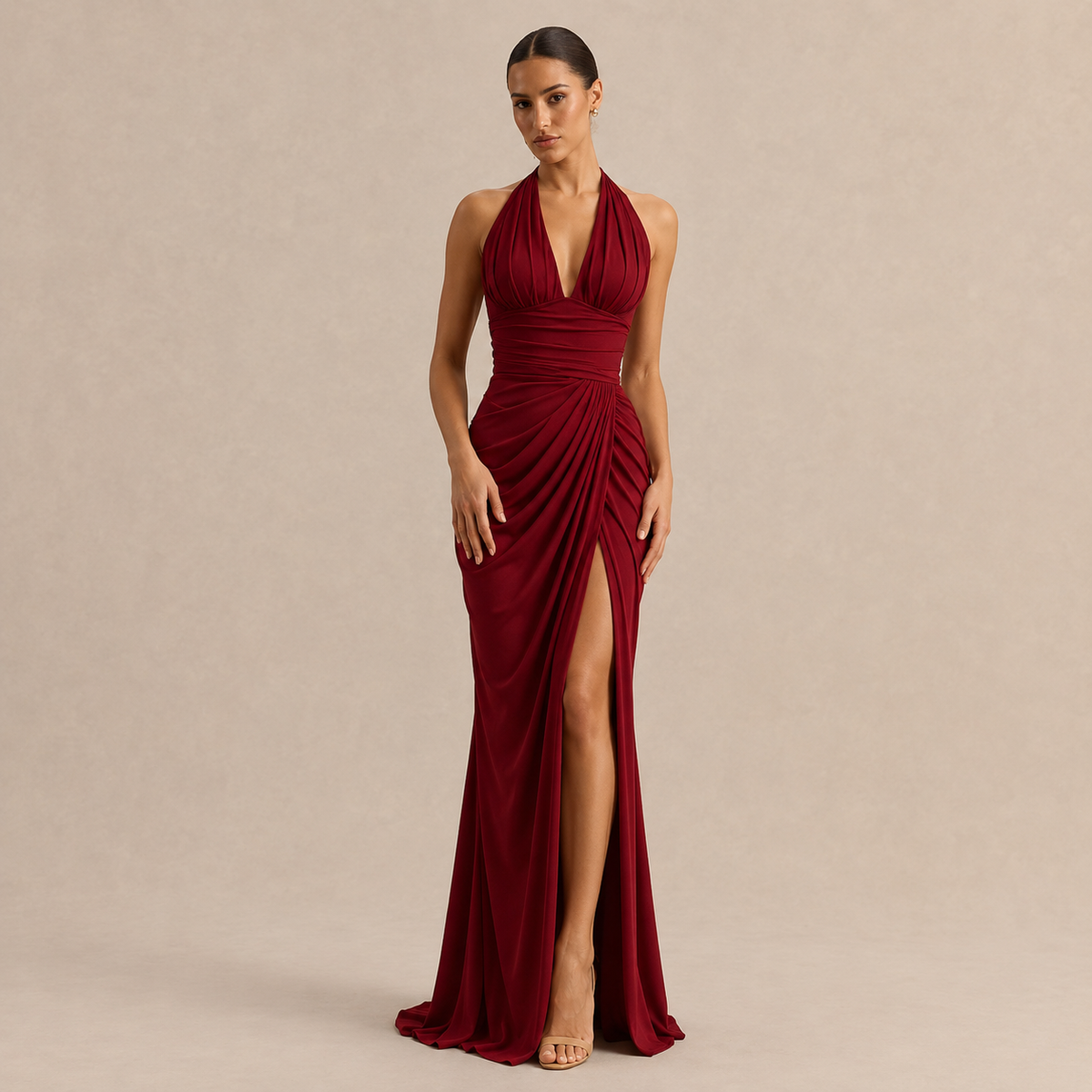 Satin Halter Neck Ruched High Split Maxi Dress 4