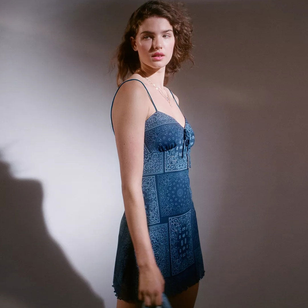 Retro Paisley Patchwork Tie Front Sleeveless Mesh Mini Dress - Blue - View 2