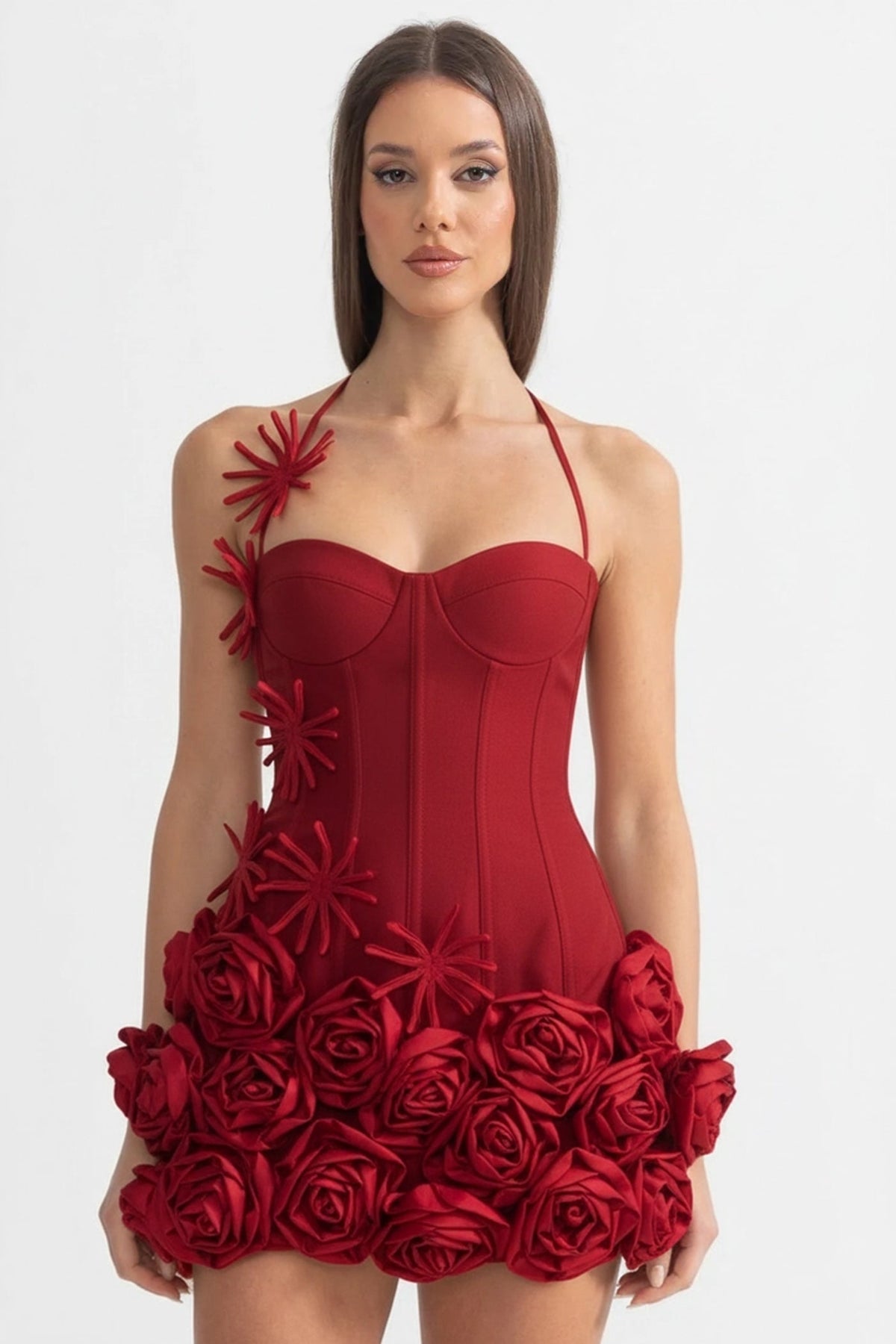 Corset Mini Dress with Sculpted Floral Hem – Red