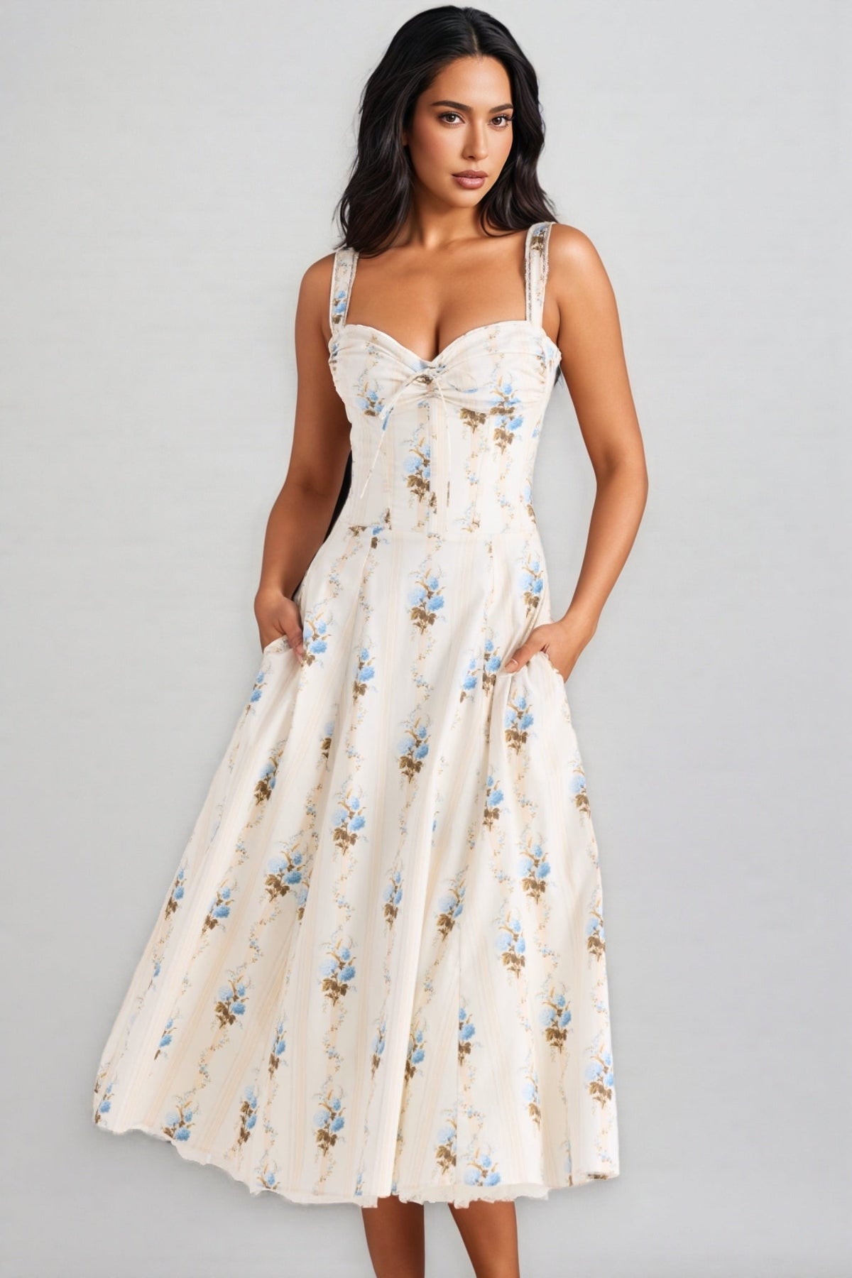 Floral Sweetheart Corset Fit and Flare Bubble Hem Midi Dress - View 2