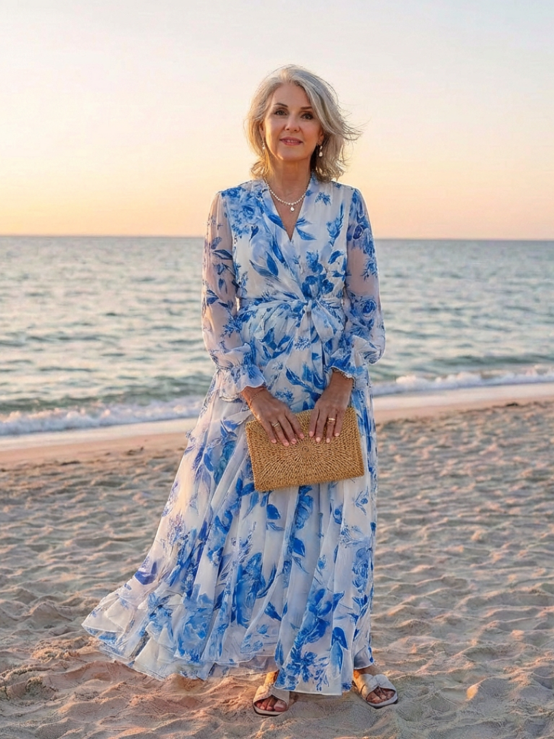 Floral V-Neck Long Sleeve Wrap Belted Maxi Dress 8