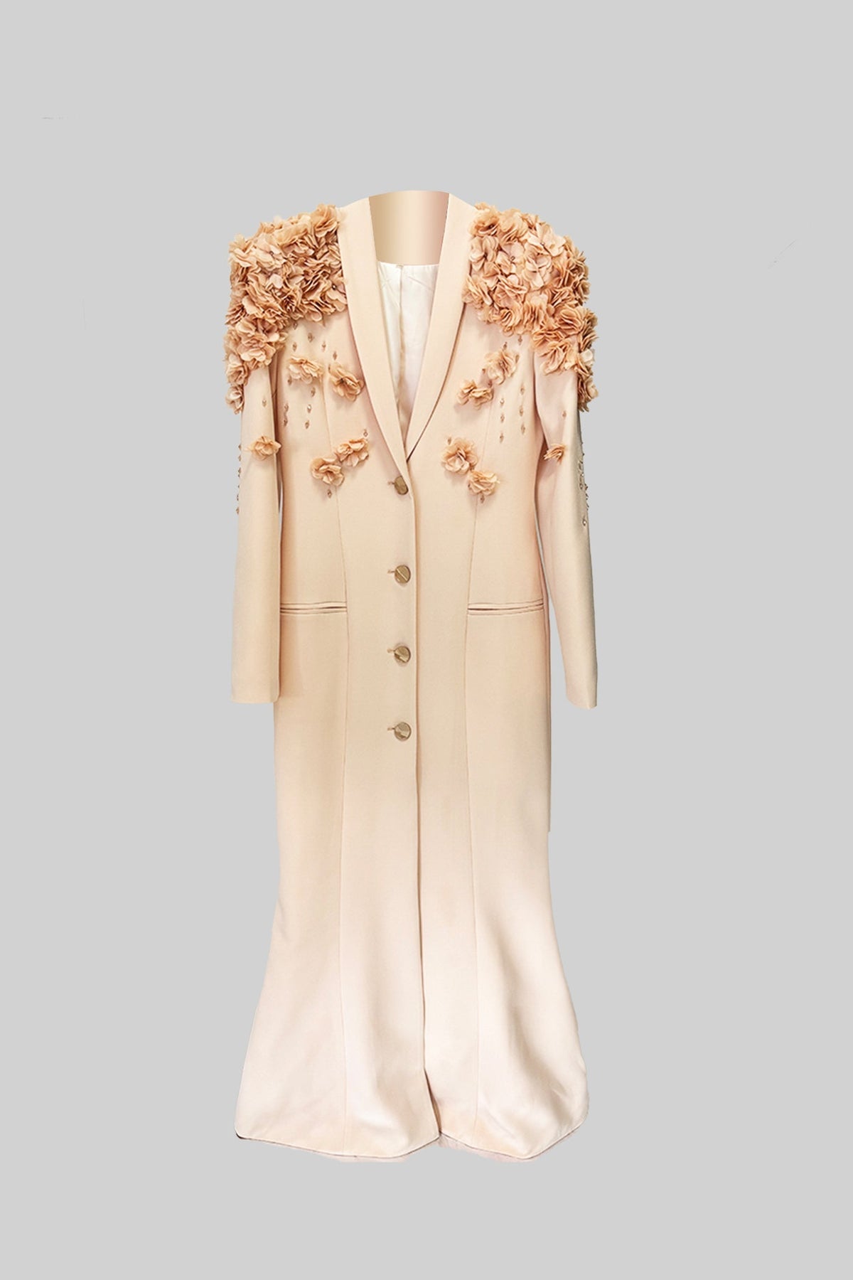 3D Floral Shoulder Notched Lapel Metallic Button Blazer Gown - View 2