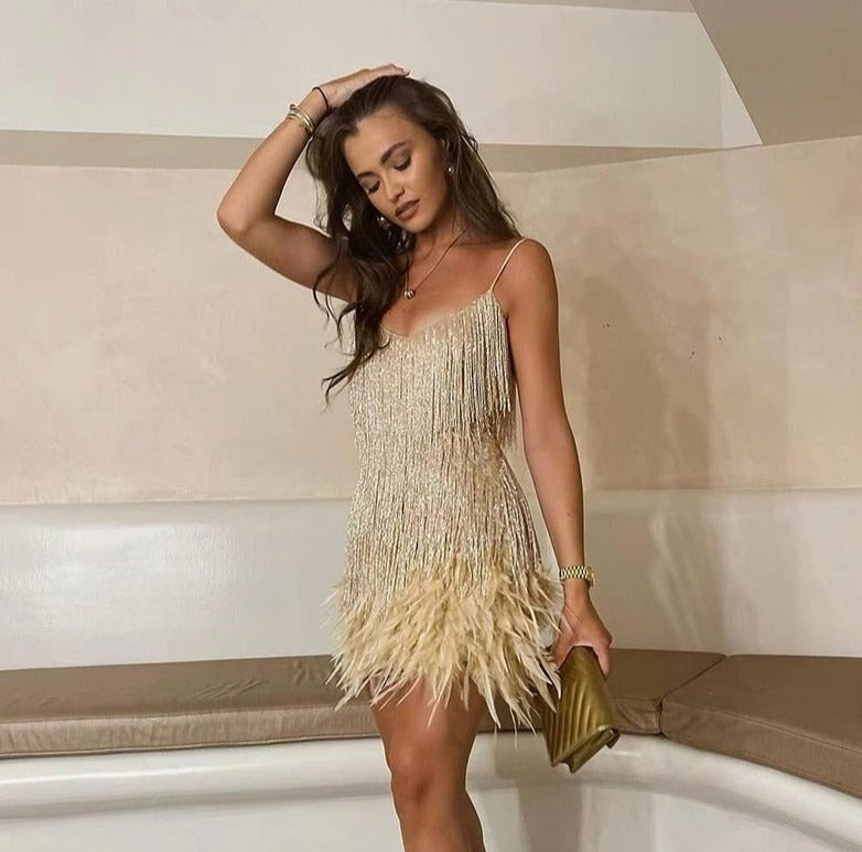 Spaghetti Strap Deep V-Neck Tiered Tassel Cocktail Mini Dress - View 10