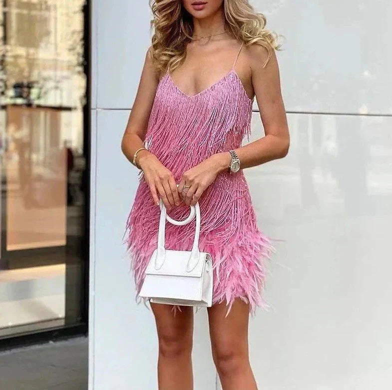 Spaghetti Strap V-Neck Tassel Fringe Feather Hem Mini Cocktail Dress - View 11