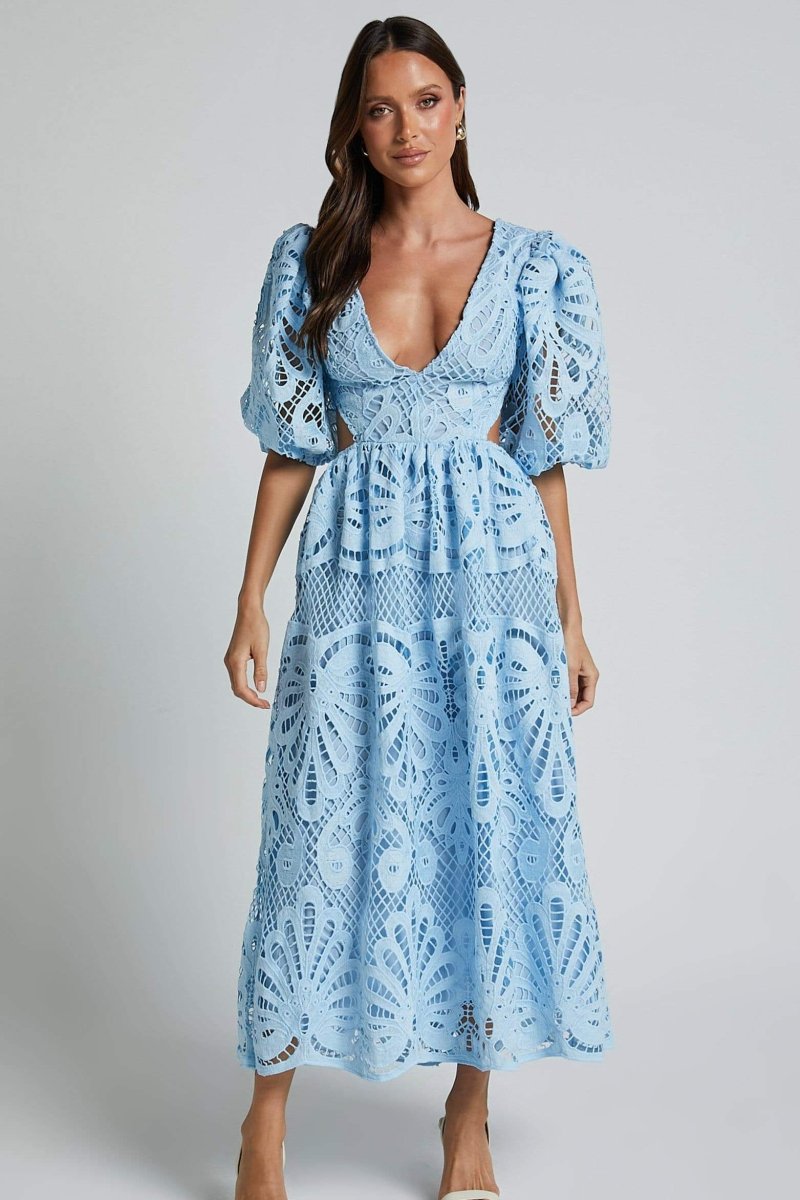Deep V-Neck Puff Sleeve Eyelet Lace Cut Out Waist Maxi Dress - View 11