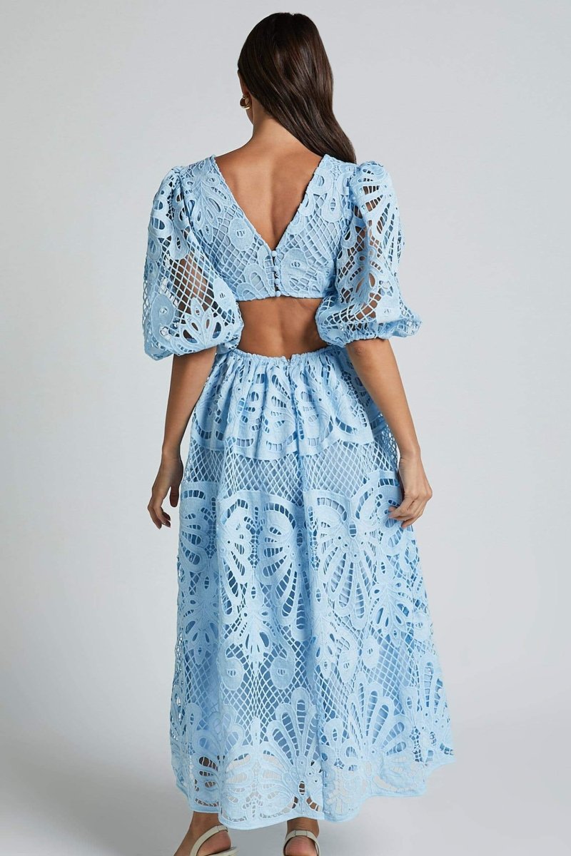Deep V-Neck Puff Sleeve Eyelet Lace Cut Out Waist Maxi Dress - View 13