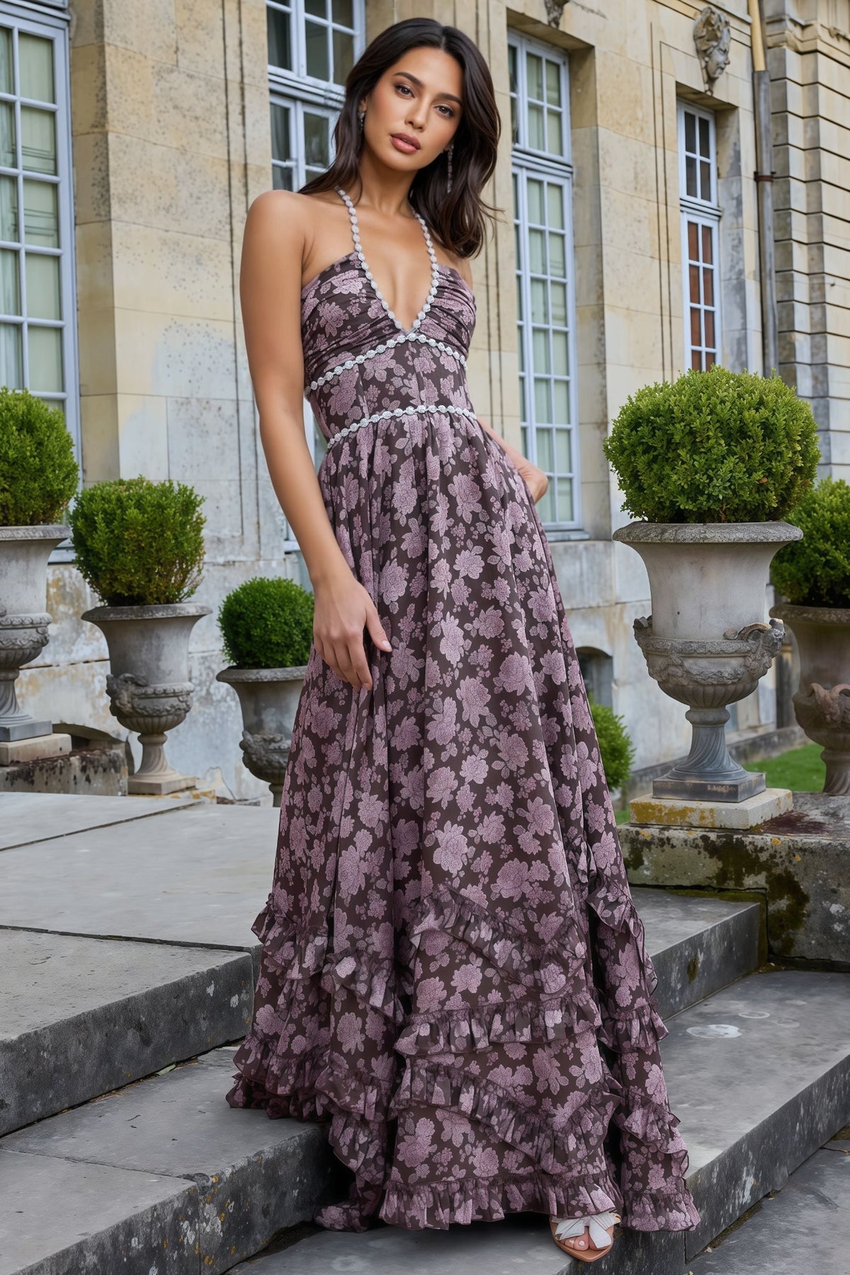 Pearl Beaded Halter Deep V-Neck High Split Tiered Ruffle Hem Maxi Gown - View 5