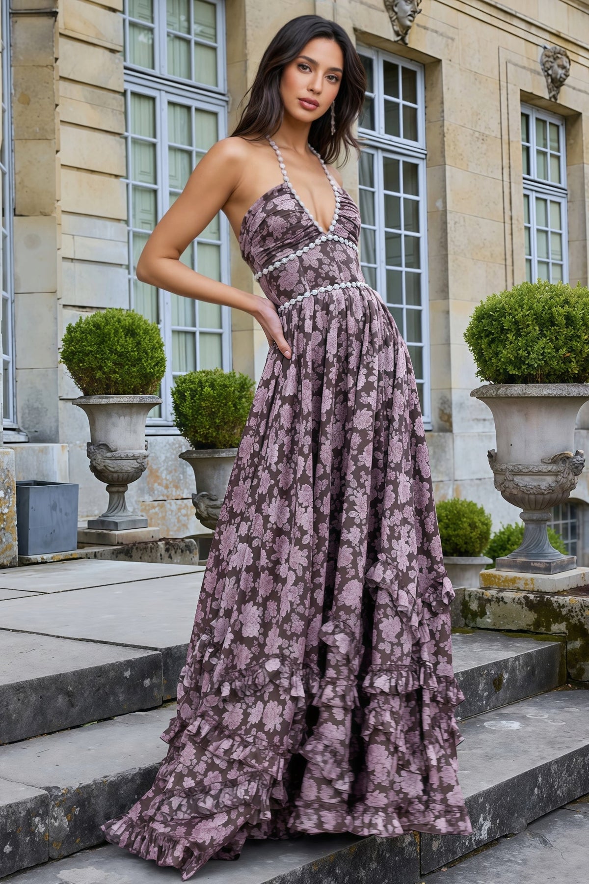 Pearl Beaded Halter Deep V-Neck High Split Tiered Ruffle Hem Maxi Gown - View 6
