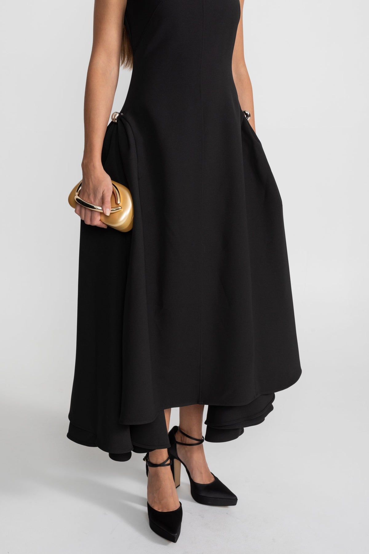 Sleeveless High Neck Metal Ring Hip Fold Sculptural High Low Midi Dress - View 8