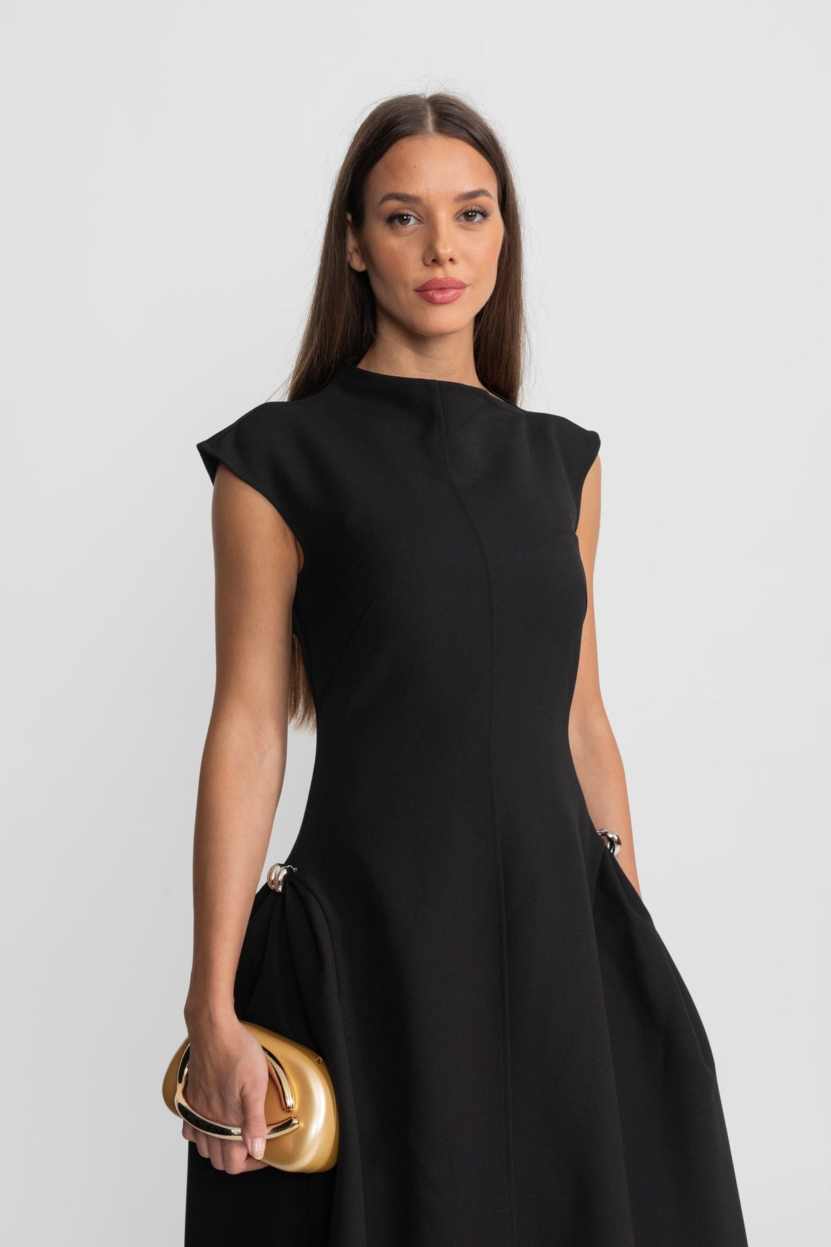 Sleeveless High Neck Metal Ring Hip Fold Sculptural High Low Midi Dress - View 5