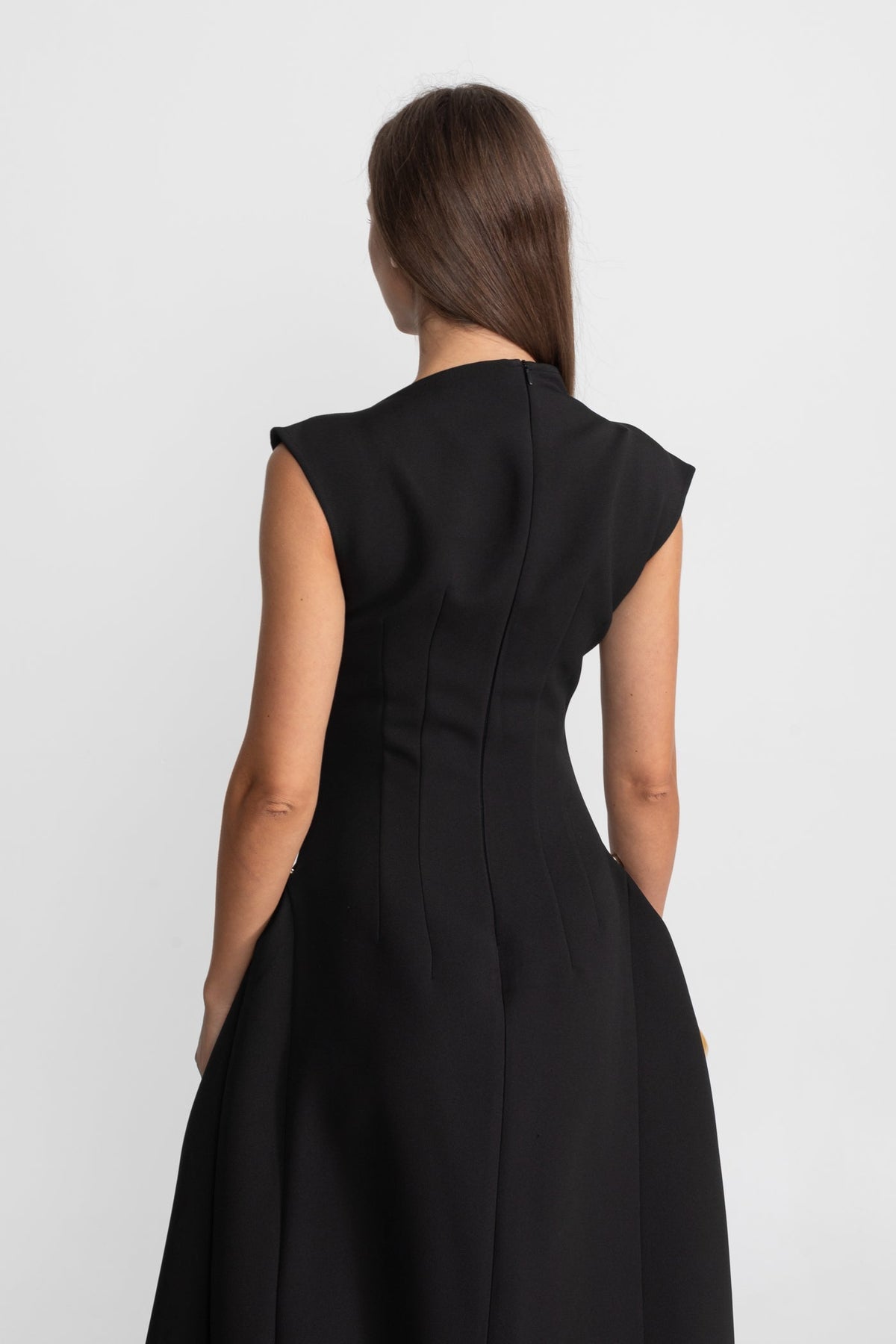 Sleeveless High Neck Metal Ring Hip Fold Sculptural High Low Midi Dress - View 10