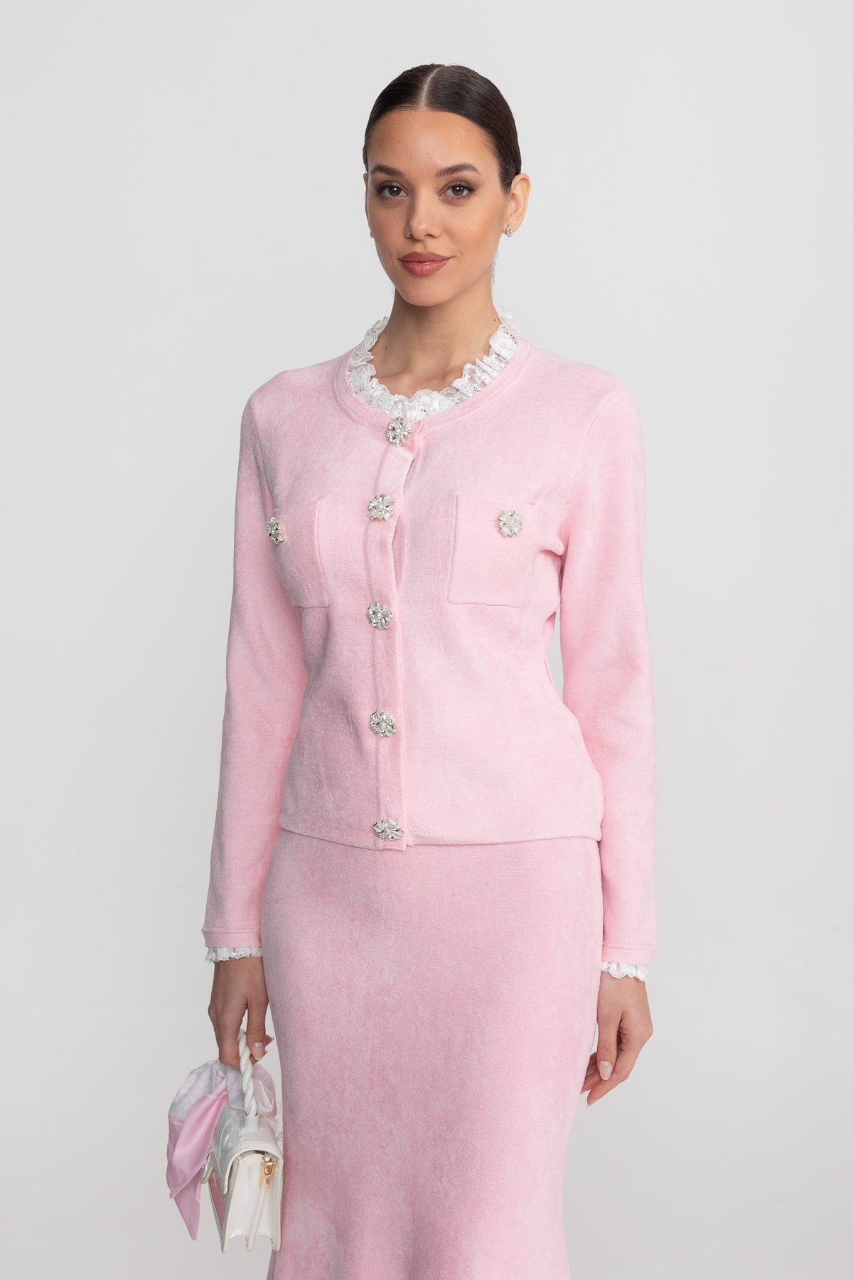Long Sleeve Co-Ord With Fitted Knit Bodice And Crystal Button Detail - Blush Pink - View 7