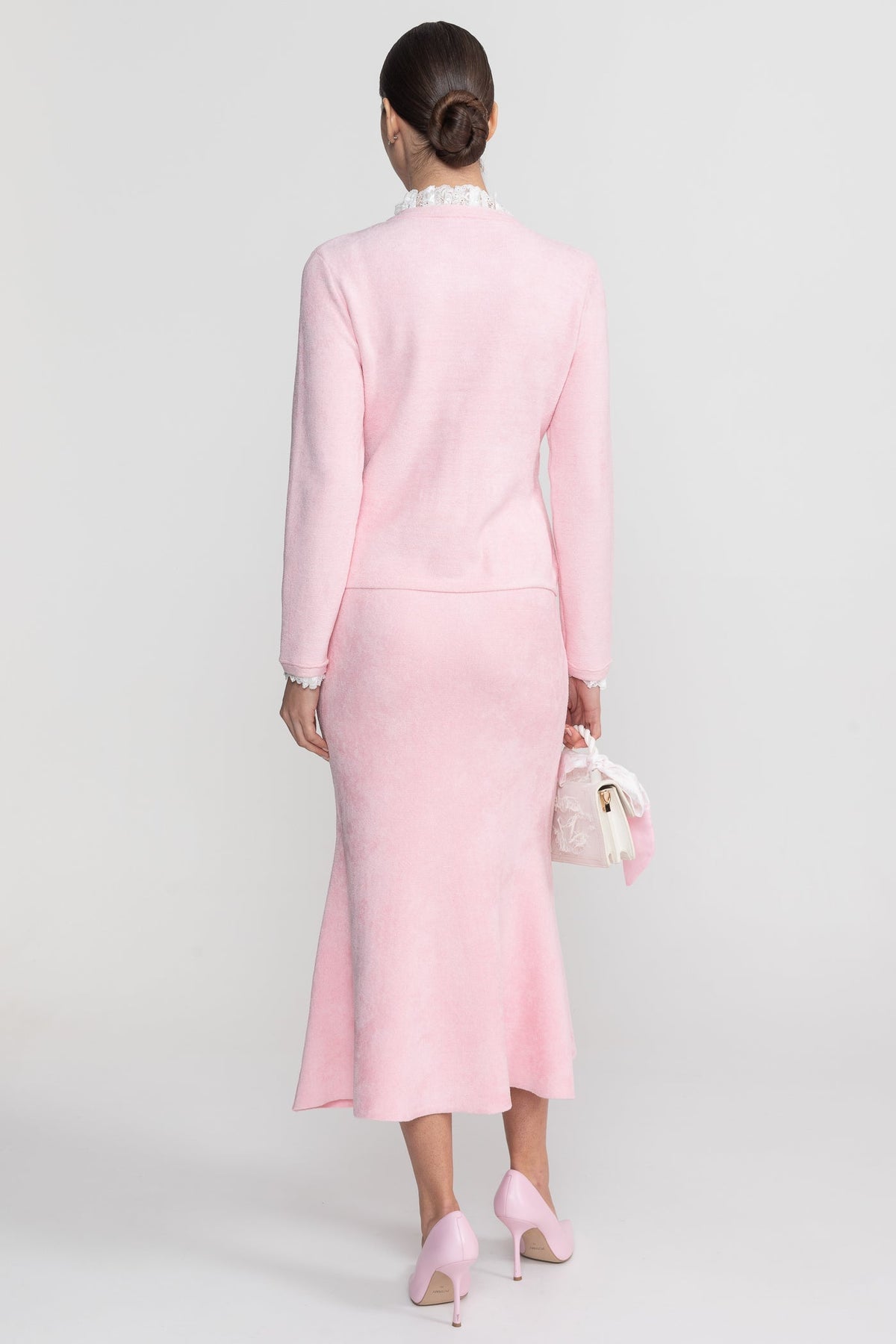 Long Sleeve Co-Ord With Fitted Knit Bodice And Crystal Button Detail - Blush Pink - View 8