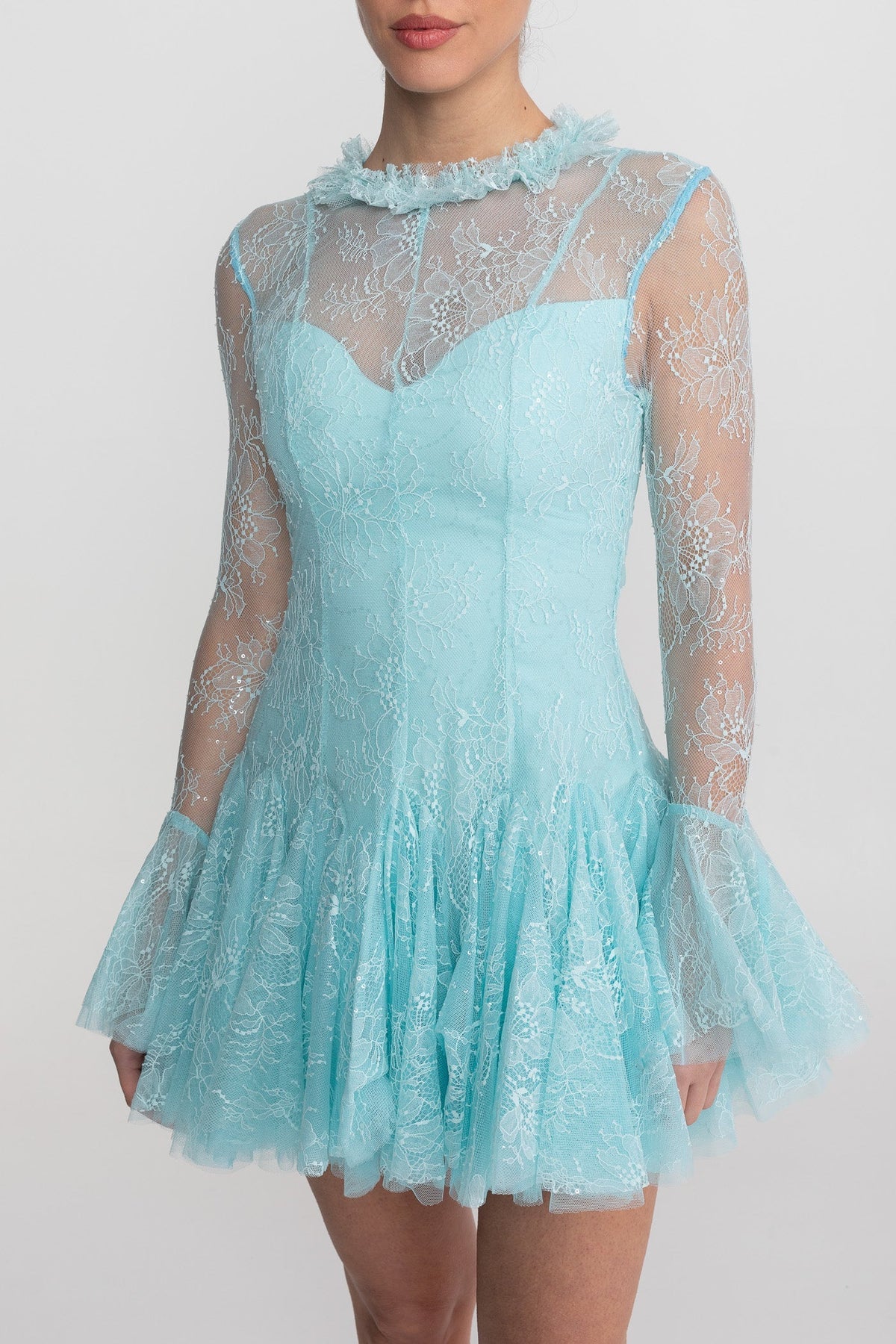 Sheer Lace Long Sleeve Mini Dress With Ruffled Hem - Teal - View 7