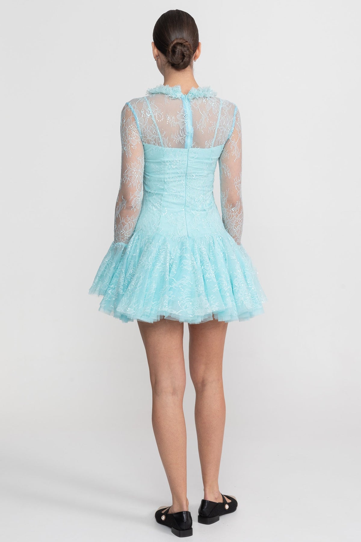 Sheer Lace Long Sleeve Mini Dress With Ruffled Hem - Teal - View 9